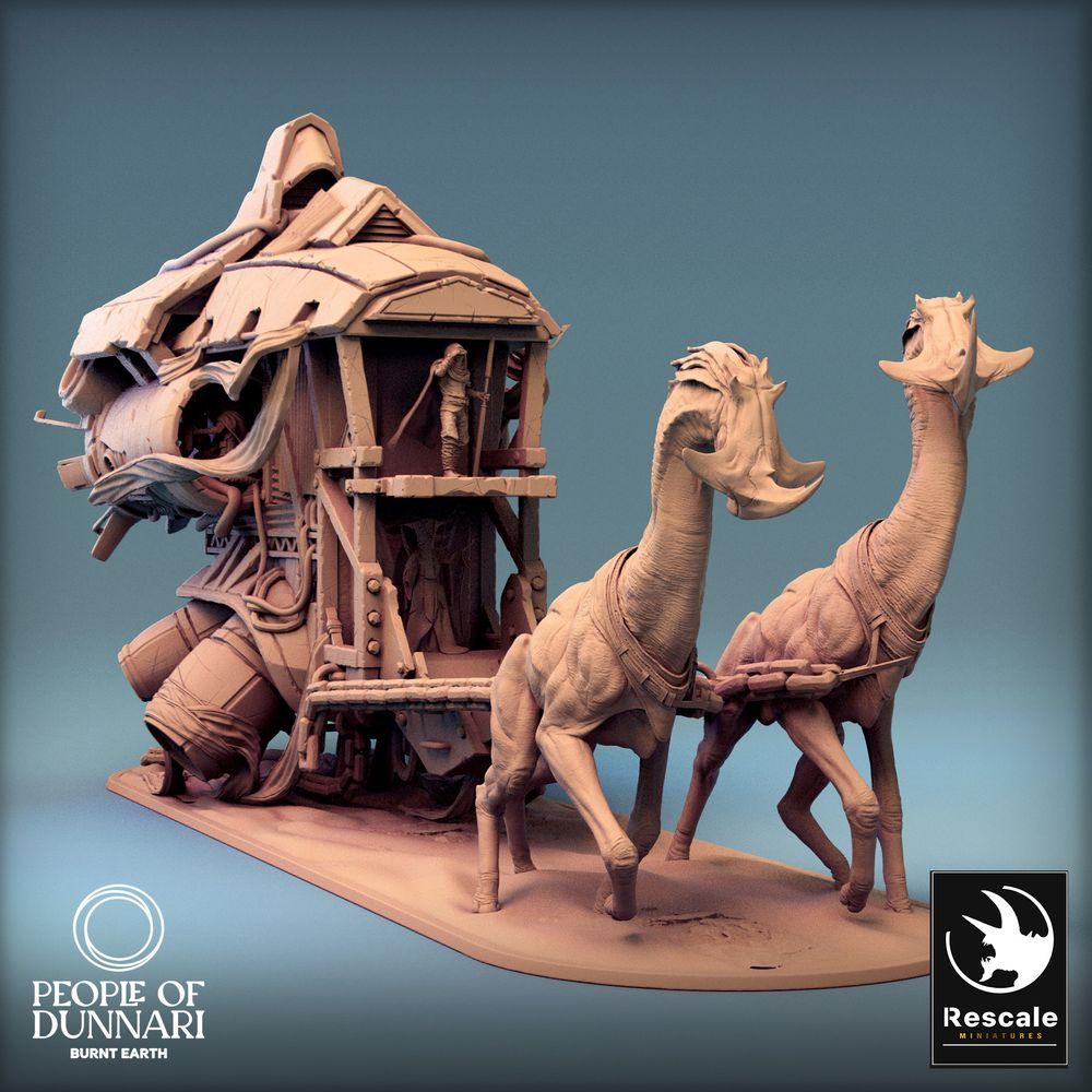 Produktfoto Tabletop 28mm Lord of the Print (LotP) 0: Tabletop Miniatur Set: Nomaden-Karawane War Wagon, bestien-gezogener Kriegswagen mit Plattform, Karawanenführer/Beast Handler und zwei exotischen Zugtieren (24_03_L)