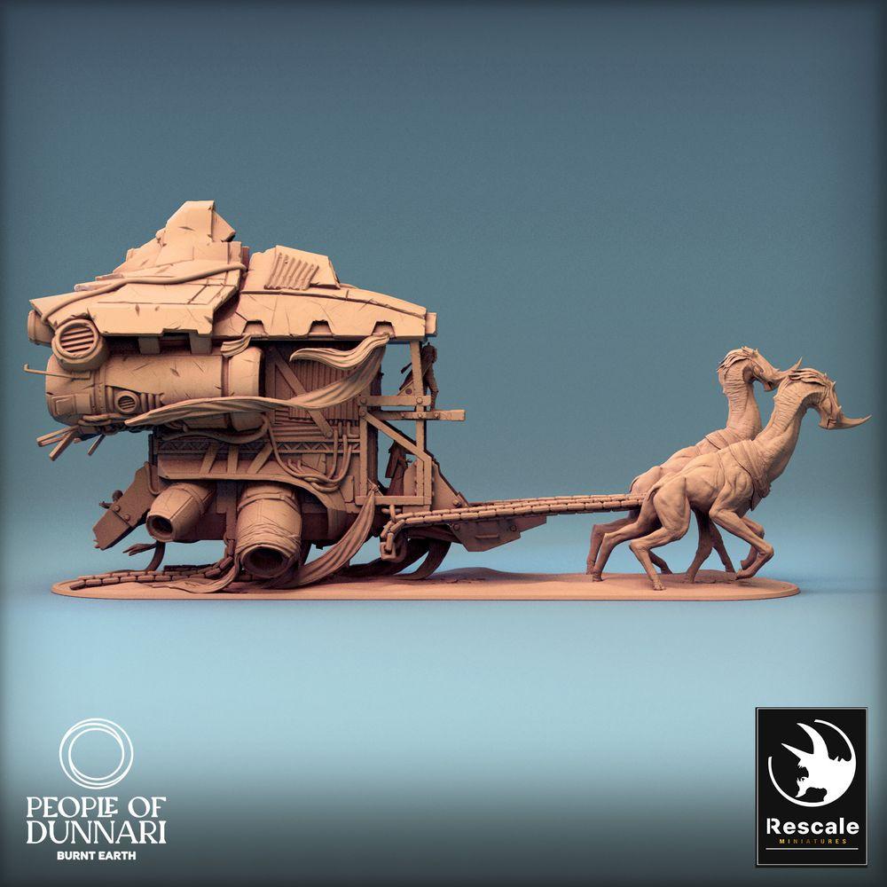 Produktfoto Tabletop 28mm Lord of the Print (LotP) 0: Tabletop Miniatur Set: Nomaden-Karawane War Wagon, bestien-gezogener Kriegswagen mit Plattform, Karawanenführer/Beast Handler und zwei exotischen Zugtieren (24_03_L)