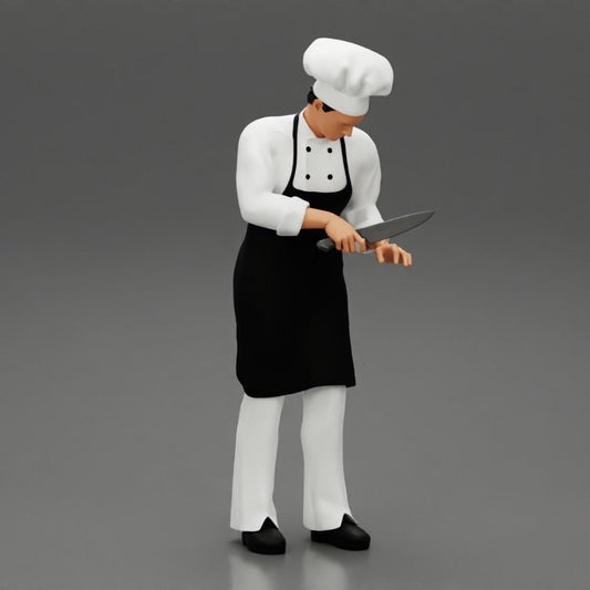 Diorama Modellbau Produktfoto 0: Diorama-Miniatur: stehender Küchenchef in Berufskleidung mit Kochmesser (Ref Nr. A49)