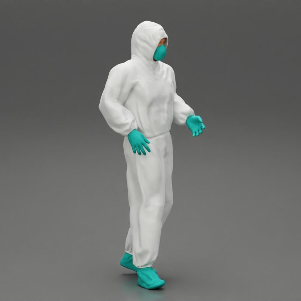 Diorama Modellbau Produktfoto 1: Diorama-Miniatur: Mann im Vollschutzanzug mit Kapuze, Maske & Handschuhen (Ref Nr. A50)
