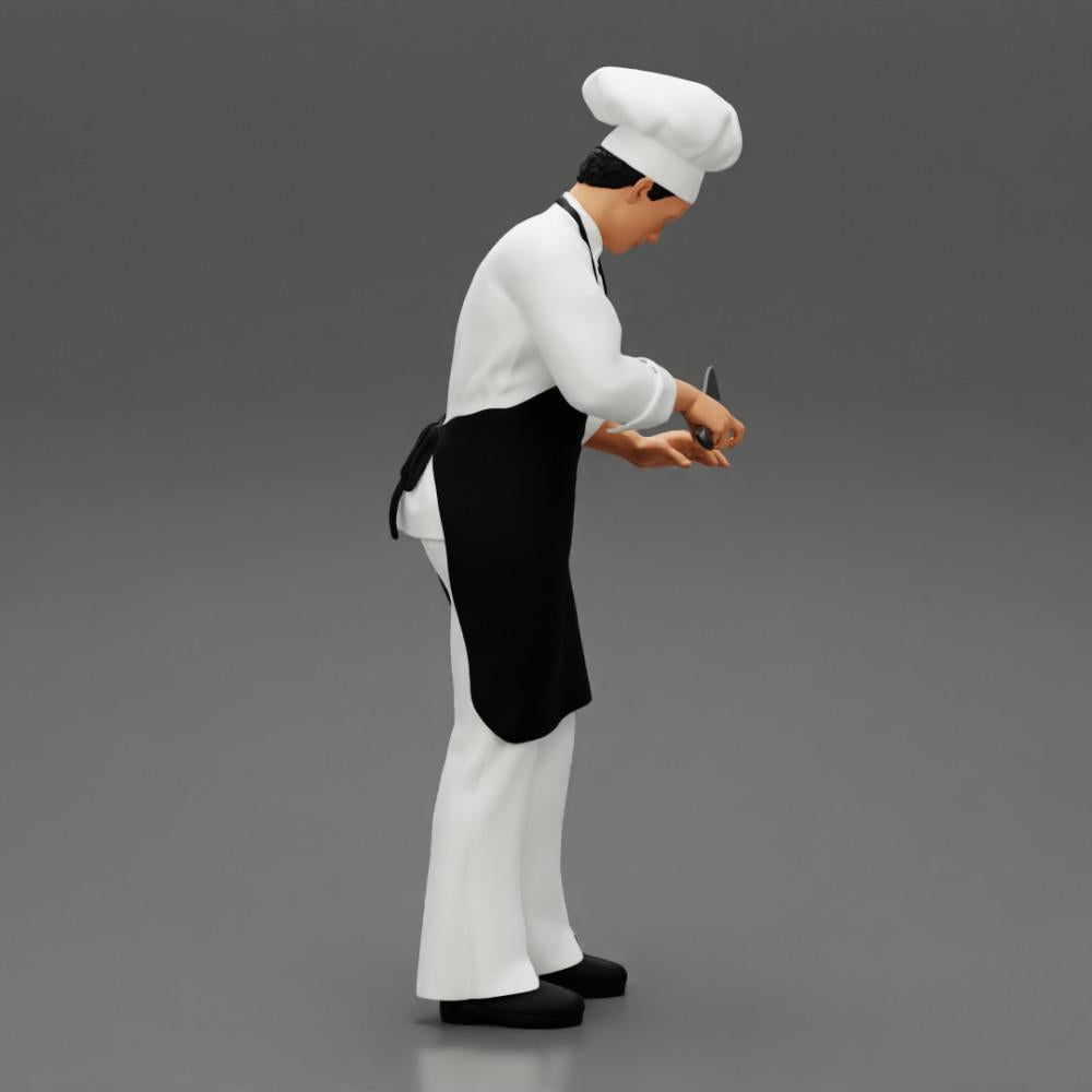 Diorama Modellbau Produktfoto 1: Diorama-Miniatur: stehender Küchenchef in Berufskleidung mit Kochmesser (Ref Nr. A49)