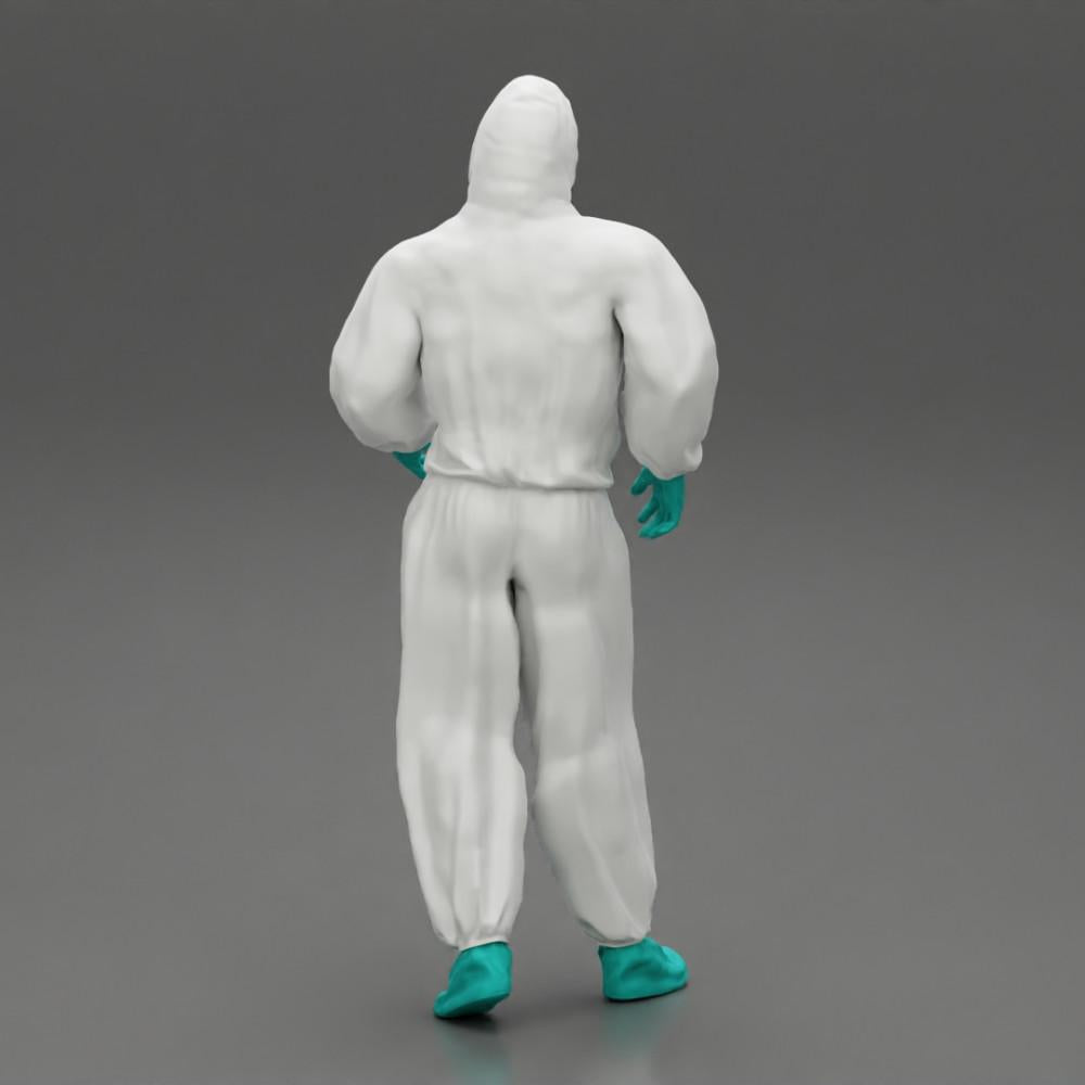 Diorama Modellbau Produktfoto 3: Diorama-Miniatur: Mann im Vollschutzanzug mit Kapuze, Maske & Handschuhen (Ref Nr. A50)