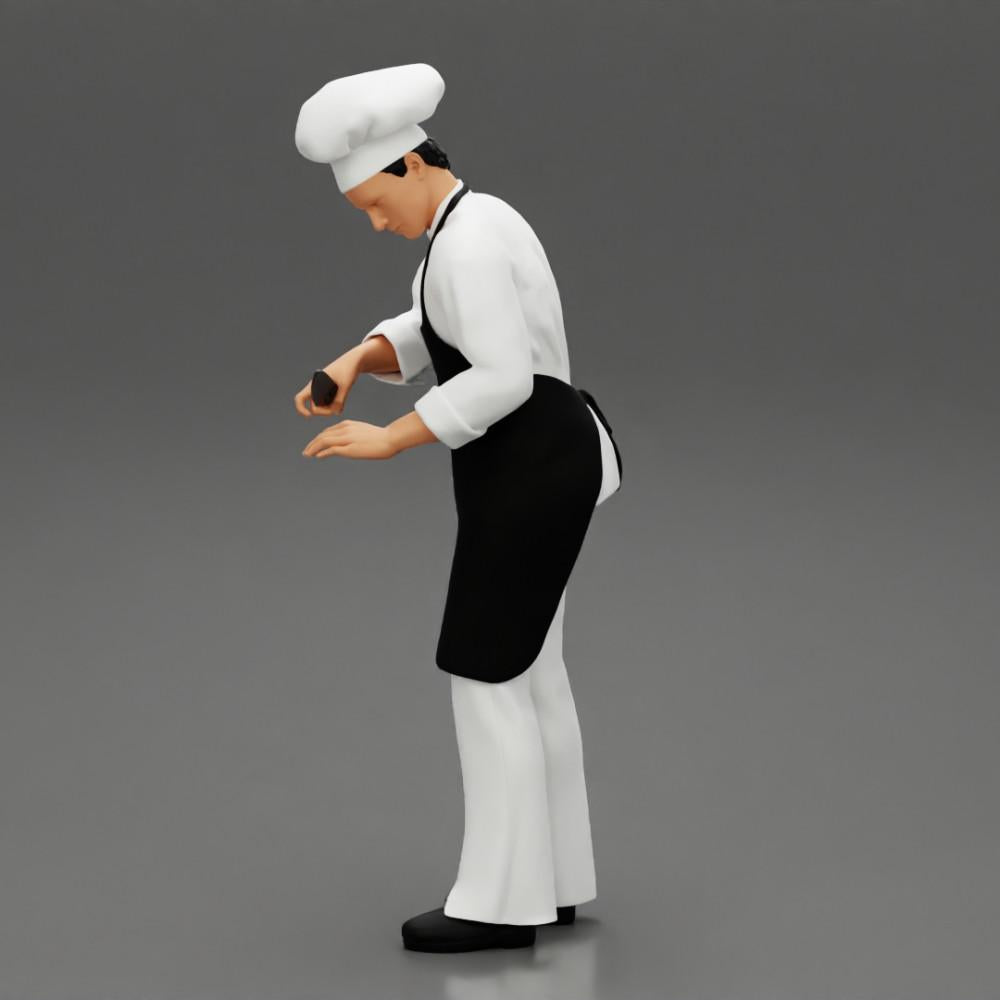 Diorama Modellbau Produktfoto 4: Diorama-Miniatur: stehender Küchenchef in Berufskleidung mit Kochmesser (Ref Nr. A49)