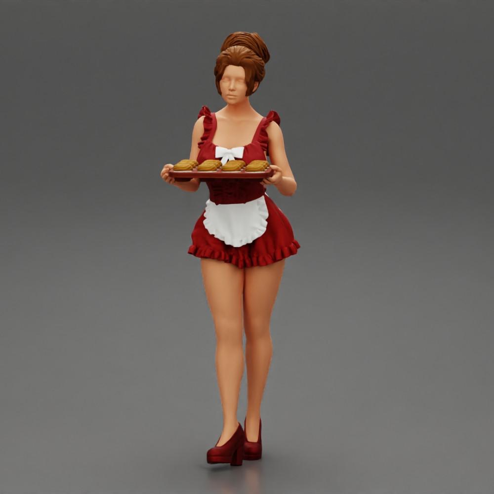 Diorama Modellbau Produktfoto 5: Diorama-Miniatur: Dienstmädchen mit Tablett voller Cupcakes, stehende Figur (Ref Nr. A48)