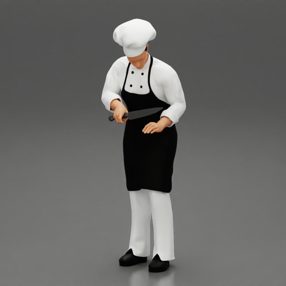 Diorama Modellbau Produktfoto 5: Diorama-Miniatur: stehender Küchenchef in Berufskleidung mit Kochmesser (Ref Nr. A49)