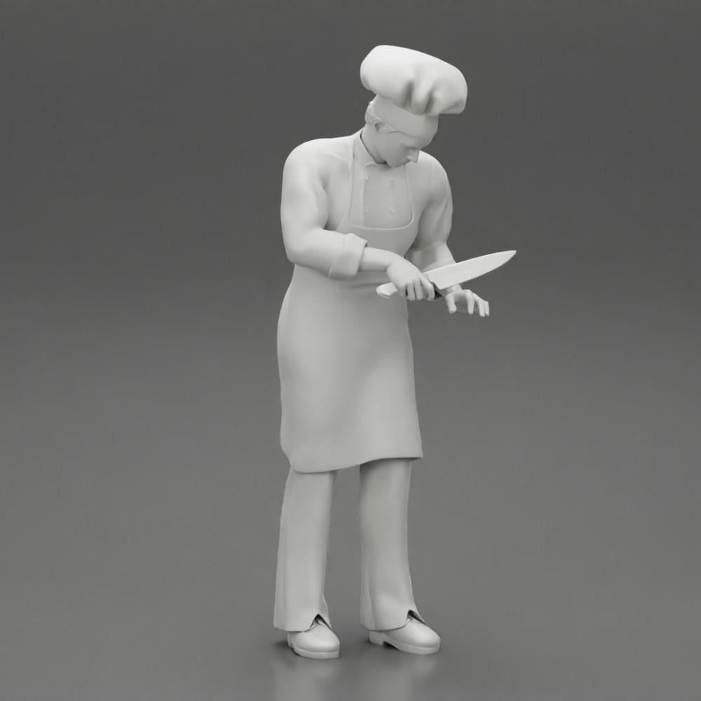 Diorama Modellbau Produktfoto 6: Diorama-Miniatur: stehender Küchenchef in Berufskleidung mit Kochmesser (Ref Nr. A49)