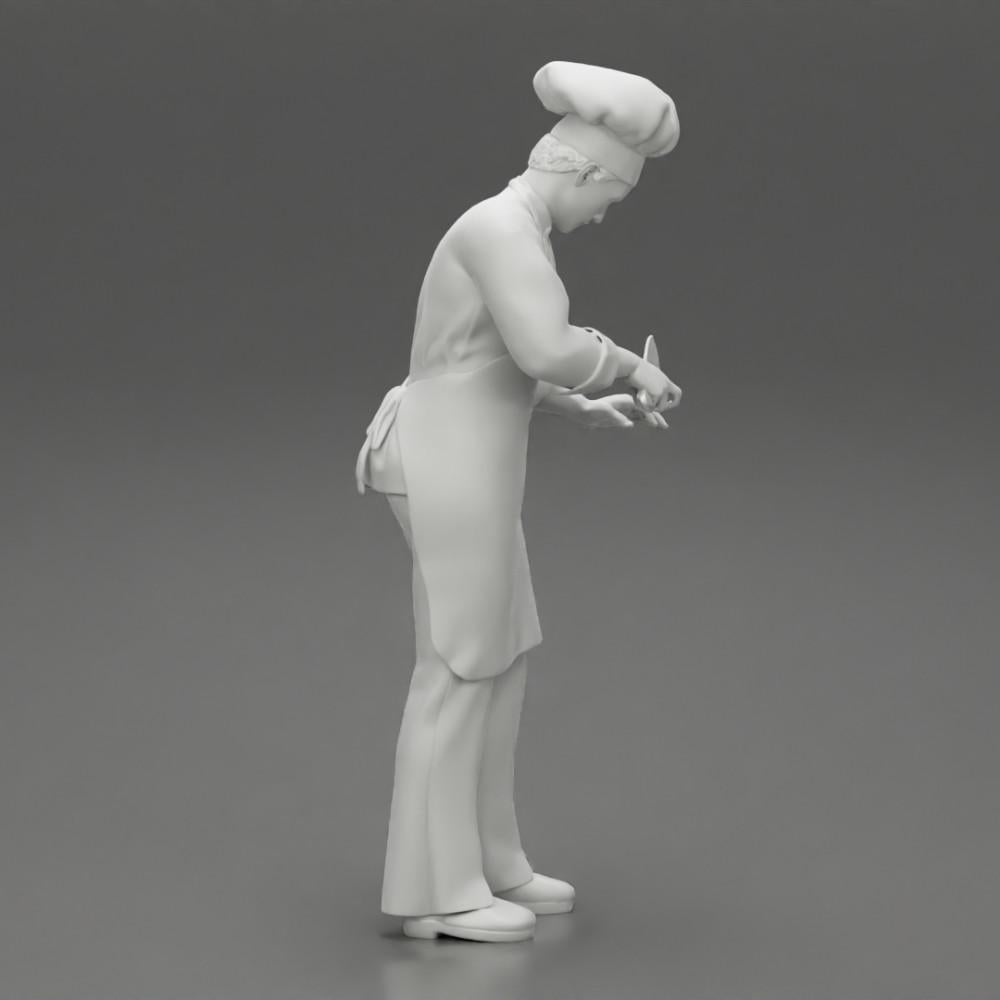 Diorama Modellbau Produktfoto 7: Diorama-Miniatur: stehender Küchenchef in Berufskleidung mit Kochmesser (Ref Nr. A49)