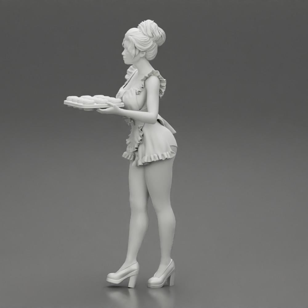 Diorama Modellbau Produktfoto 10: Diorama-Miniatur: Dienstmädchen mit Tablett voller Cupcakes, stehende Figur (Ref Nr. A48)