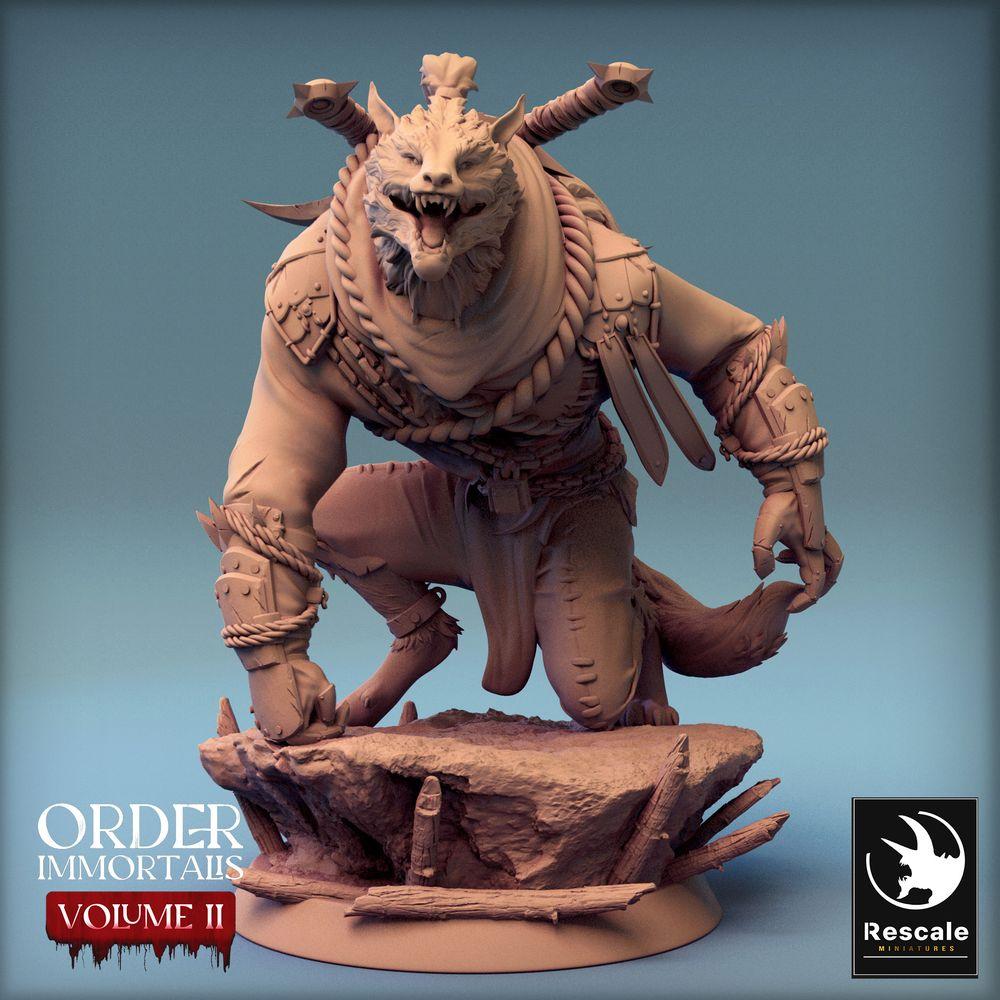 Produktfoto Tabletop 28mm Lord of the Print (LotP) 0: Tabletop Miniatur: Werwolf-Anführer - Lykanthropen-Champion mit zwei Schwertern am Rücken, Werewolf Chief (24_02_C2)