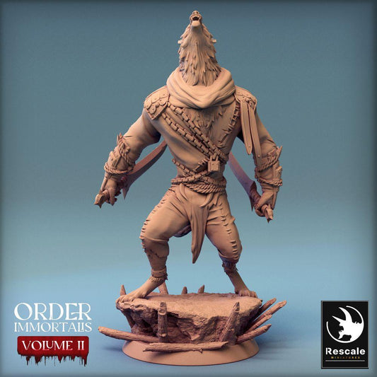 Produktfoto Tabletop 28mm Lord of the Print (LotP) 0: Tabletop Miniatur: Werwolf Krieger - heulender Lykanthrop, Barbar und Duellant mit zwei gebogenen Klingen (Werewolf Howl) (24_02_C4)