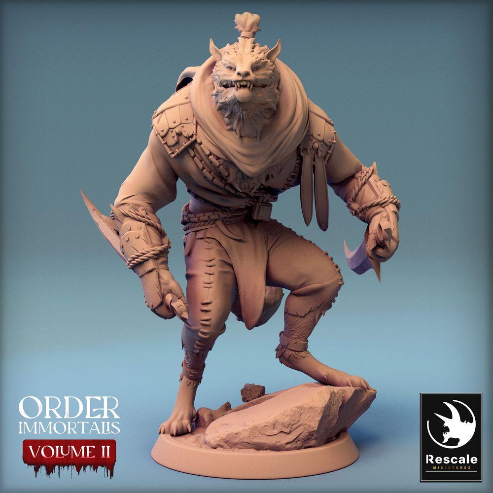 Produktfoto Tabletop 28mm Lord of the Print (LotP) 0: Tabletop Miniatur: Bestienmensch / Werewolf Krieger, Raubkatzen-Assassine mit zwei Krummsäbeln, Gnoll Räuber in Parierhaltung (24_02_C7)