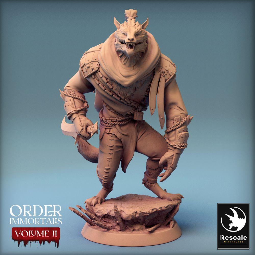 Produktfoto Tabletop 28mm Lord of the Print (LotP) 0: Tabletop Miniatur: Werwolf-Barbar mit Krummsäbel / Werewolf Barbarian, Gnoll-Häuptling, Bestienkrieger (24_02_C9)