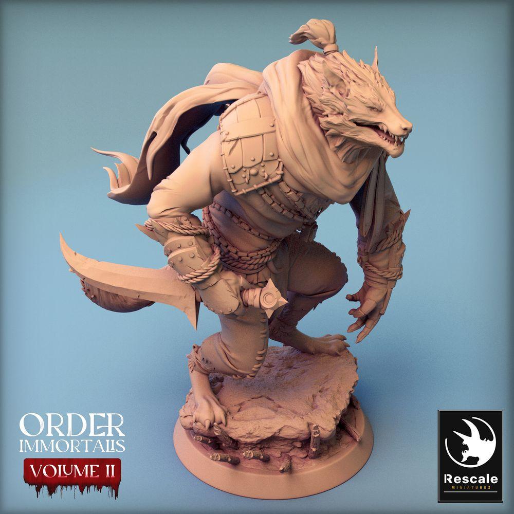 Produktfoto Tabletop 28mm Lord of the Print (LotP) 0: Tabletop Miniatur: Werwolf-Barbar mit Krummsäbel / Werewolf Barbarian, Gnoll-Häuptling, Bestienkrieger (24_02_C9)