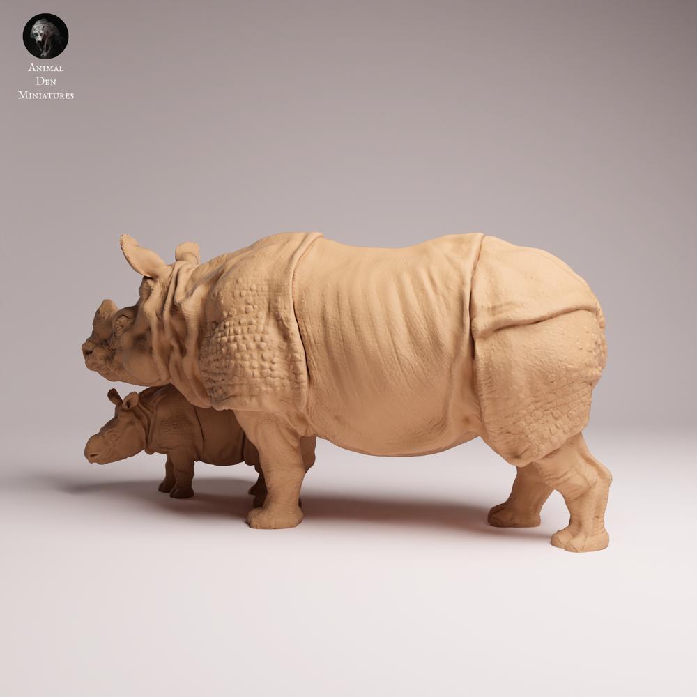 Produktfoto Tabletop 28mm Lord of the Print (LotP) 0: Wildtier Tierfigur: Indisches Panzernashorn - mit Kalb (26_03_11)