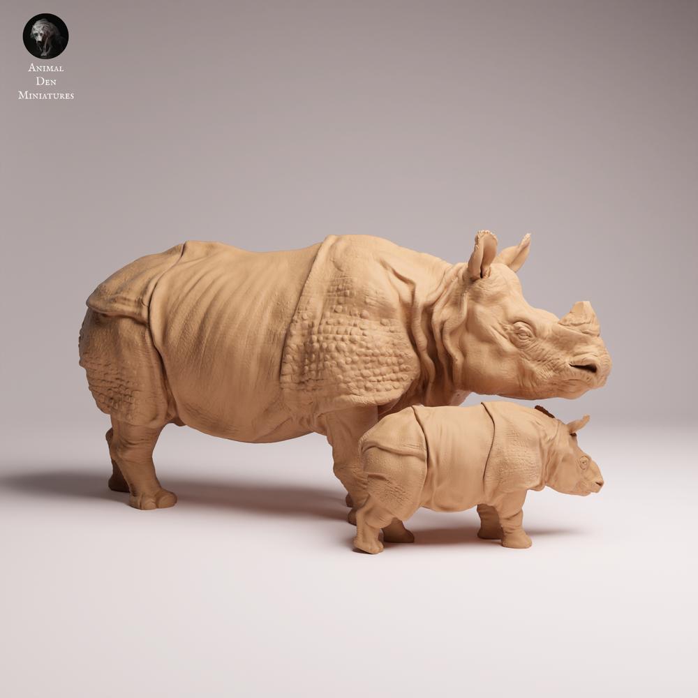 Produktfoto Tabletop 28mm Lord of the Print (LotP) 1: Wildtier Tierfigur: Indisches Panzernashorn - mit Kalb (26_03_11)
