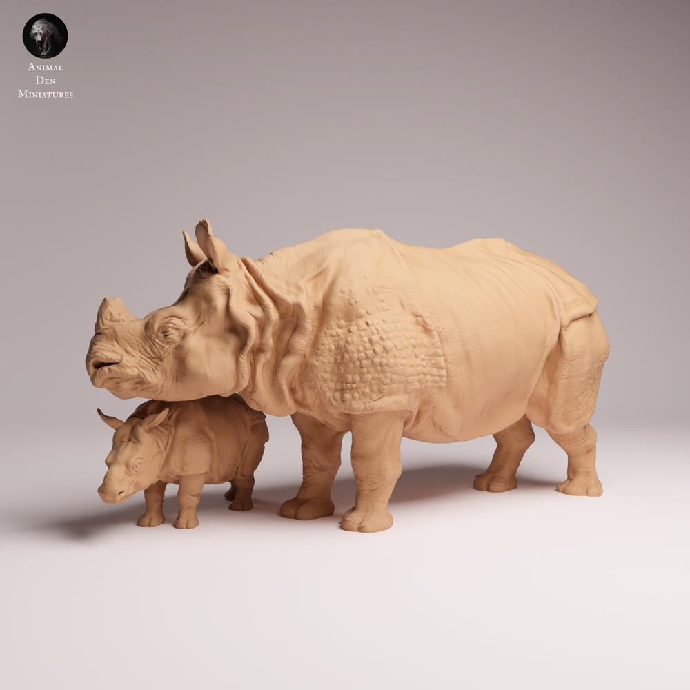 Produktfoto Tabletop 28mm Lord of the Print (LotP) 2: Wildtier Tierfigur: Indisches Panzernashorn - mit Kalb (26_03_11)