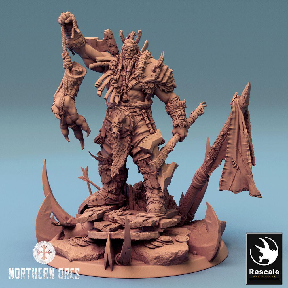 Produktfoto Tabletop 28mm Lord of the Print (LotP) 0: Tabletop Miniatur: Ork Häuptling Azhrog, Warlord und Trophäenjäger mit Spaltaxt (24_04_E2)