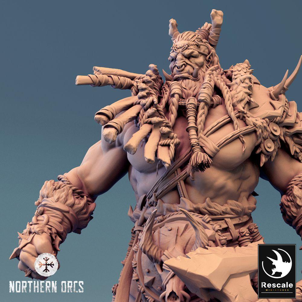 Produktfoto Tabletop 28mm Lord of the Print (LotP) 0: Fantasy Figur: Ork Warlord / Kriegshäuptling Azhrog, Barbar-Champion mit gezackter Zweihand-Axt (24_04_E3)