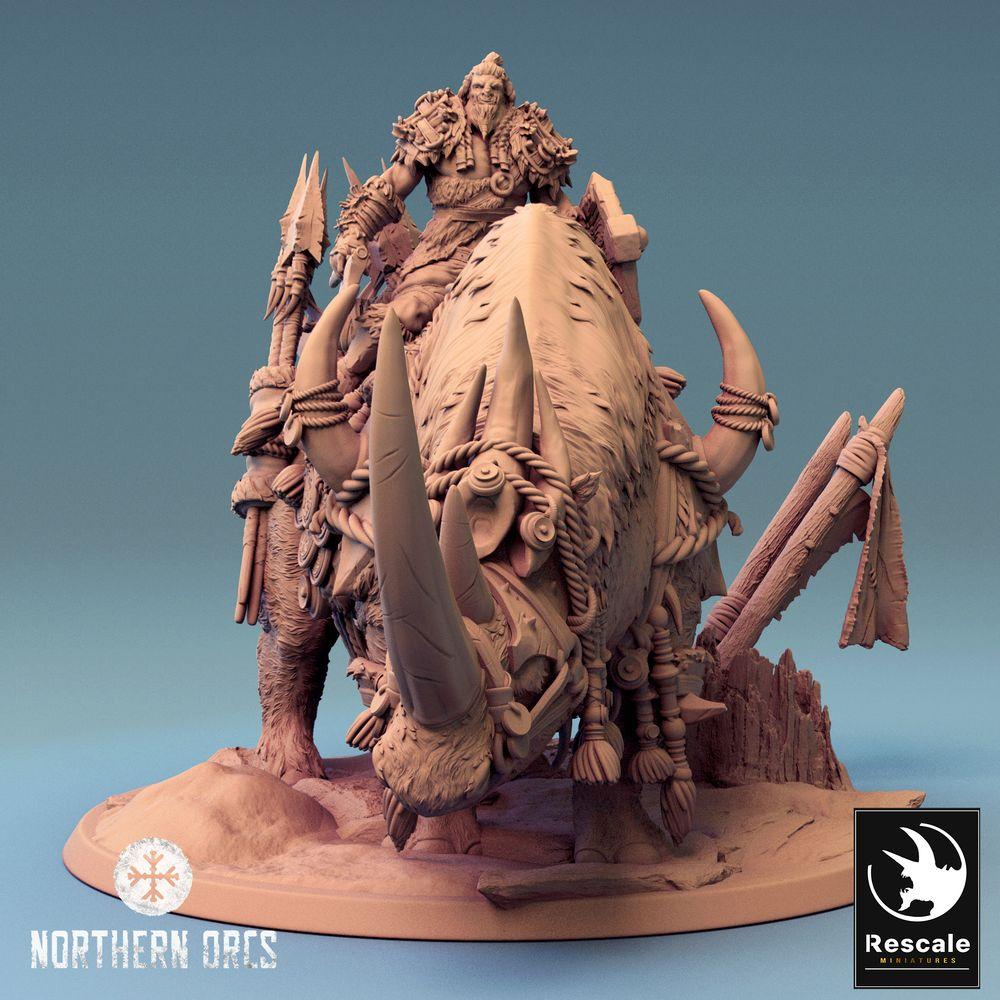 Produktfoto Tabletop 28mm Lord of the Print (LotP) 0: Tabletop Miniatur: Ork Kriegsherr auf Riesen-Nashorn, Bestienreiter mit Speer, Orc Rhino Rider (24_04_D2)