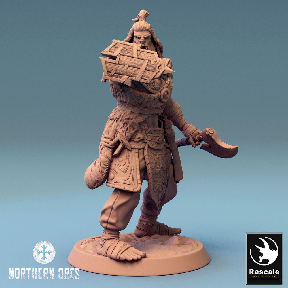 Produktfoto Tabletop 28mm Lord of the Print (LotP) 0: Tabletop Miniatur: Ork Krieger/Berserker mit Hakenklinge und Truhen-Schild, Orc Warrior (24_04_H1)