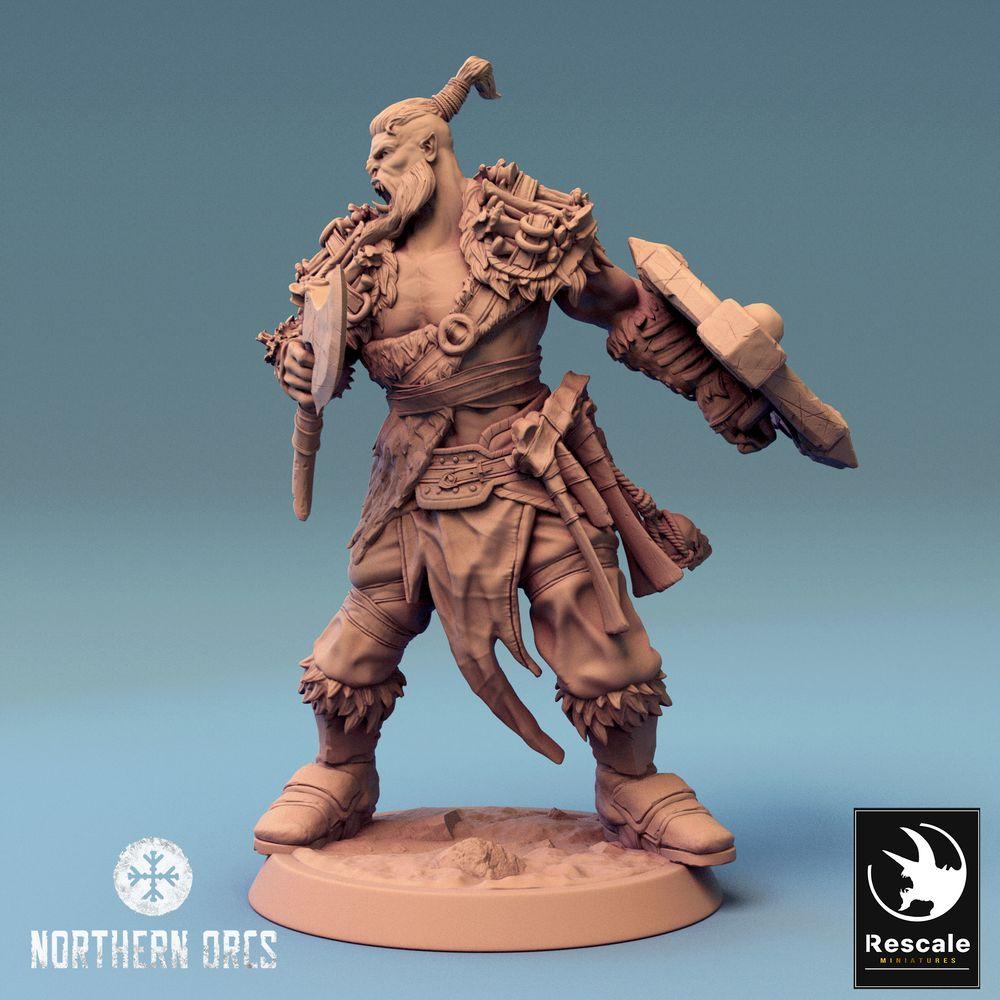 Produktfoto Tabletop 28mm Lord of the Print (LotP) 0: Tabletop Miniatur: Ork Krieger / Orc Warrior mit Axt und Schild - Berserker, Champion, Kriegshäuptling, brüllender Anführer (24_04_H4)