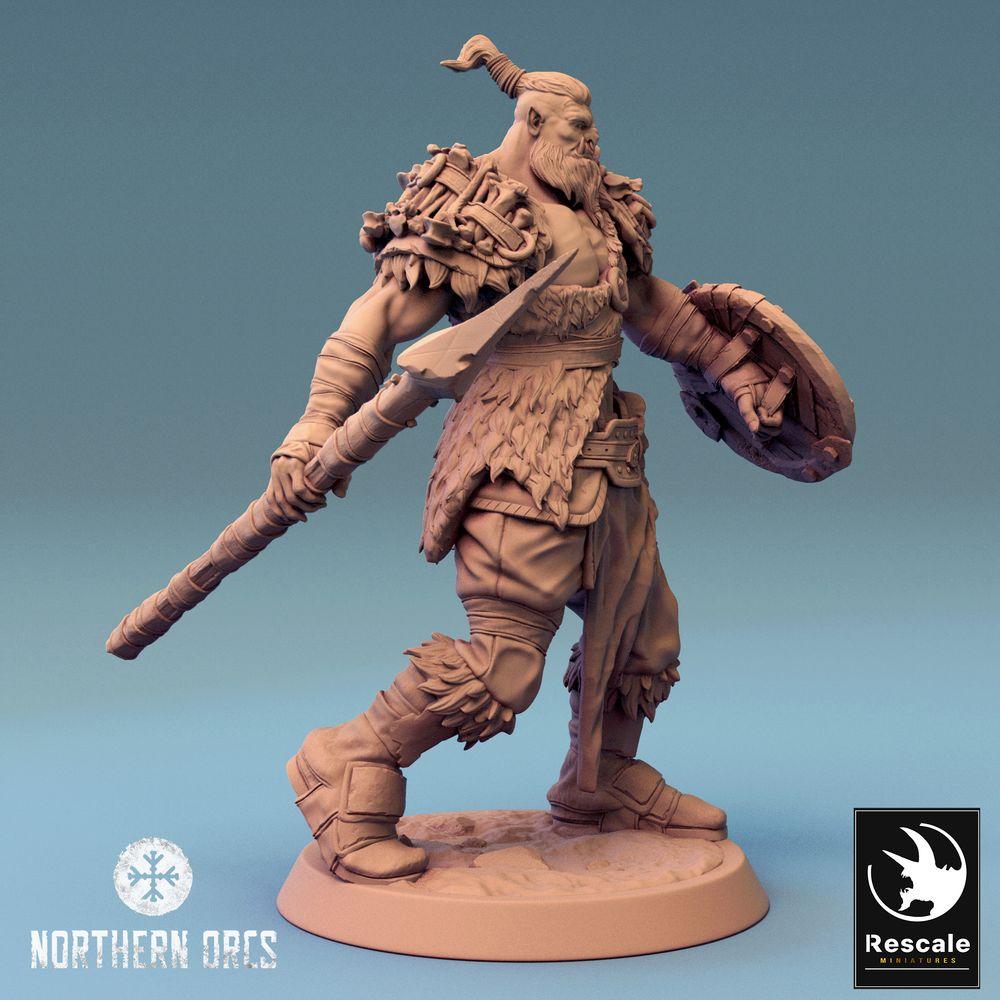 Produktfoto Tabletop 28mm Lord of the Print (LotP) 0: Tabletop Miniatur: Ork Speerträger mit Rundschild, Orc Spearman, Ork Krieger, Stammeskrieger, Schildträger (24_04_K2)