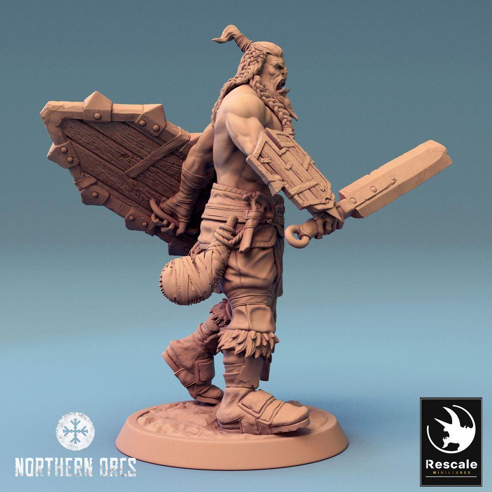 Produktfoto Tabletop 28mm Lord of the Print (LotP) 0: Tabletop Miniatur: Ork / Orc Krieger - brüllender Barbar mit Großschwert und Schild, Berserker (24_04_J1)