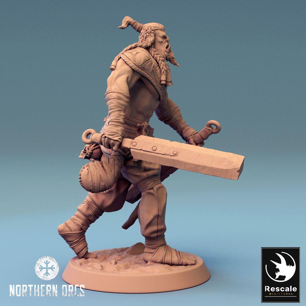 Produktfoto Tabletop 28mm Lord of the Print (LotP) 0: Tabletop Miniatur: Ork Krieger, Berserker mit zwei Hiebklingen, Dual-Wield Schwertkämpfer, Stammeskrieger (24_04_J2)