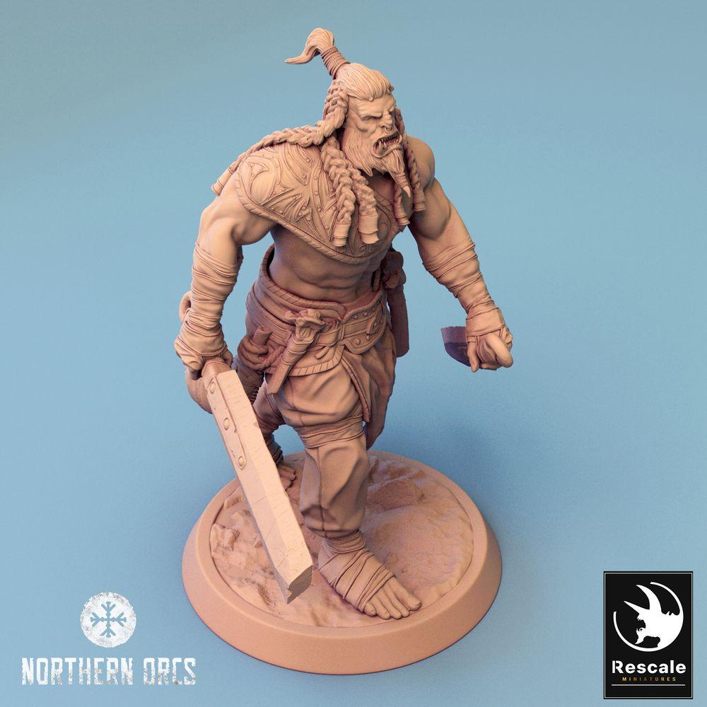 Produktfoto Tabletop 28mm Lord of the Print (LotP) 0: Tabletop Miniatur: Ork Krieger, Berserker mit zwei Hiebklingen, Dual-Wield Schwertkämpfer, Stammeskrieger (24_04_J2)