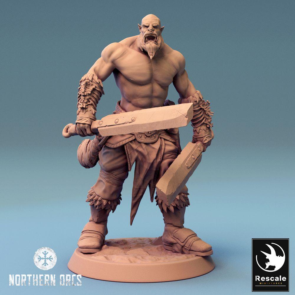 Produktfoto Tabletop 28mm Lord of the Print (LotP) 0: Fantasy Figur: Ork Krieger, Berserker mit zwei Schwertern, Stammeschampion (Orc Dual Wield Warrior) (24_04_J5)