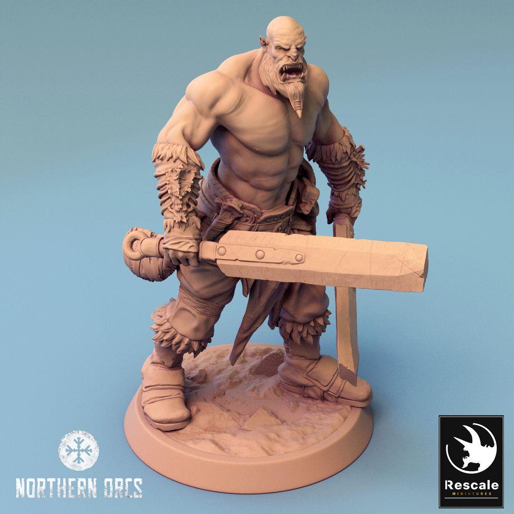 Produktfoto Tabletop 28mm Lord of the Print (LotP) 0: Fantasy Figur: Ork Krieger, Berserker mit zwei Schwertern, Stammeschampion (Orc Dual Wield Warrior) (24_04_J5)