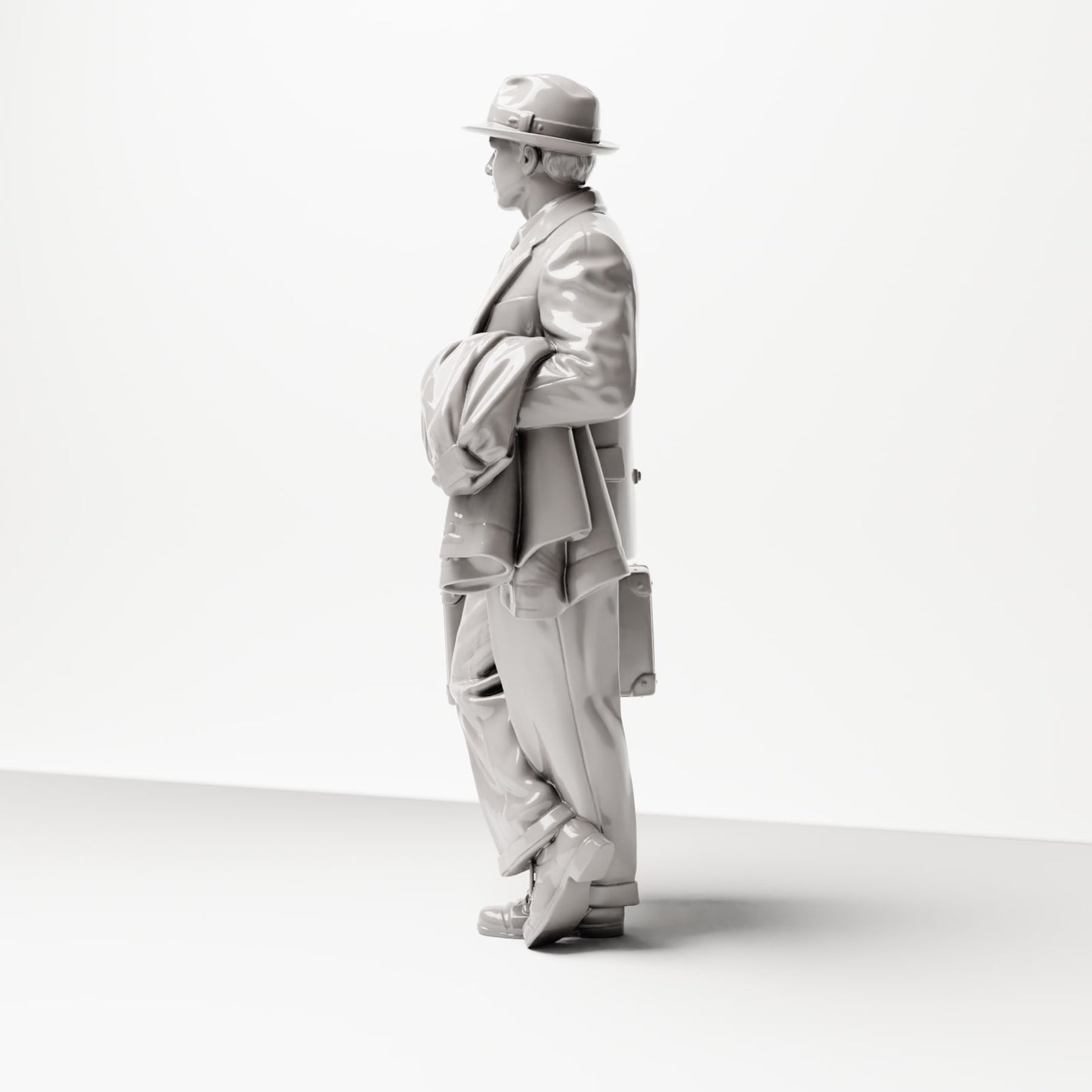 Diorama Modellbau Produktfoto 1: Historische Figur: Junger Reisender im Tweed-Anzug mit Hut, Koffer, Mantel über dem Arm (sc03)