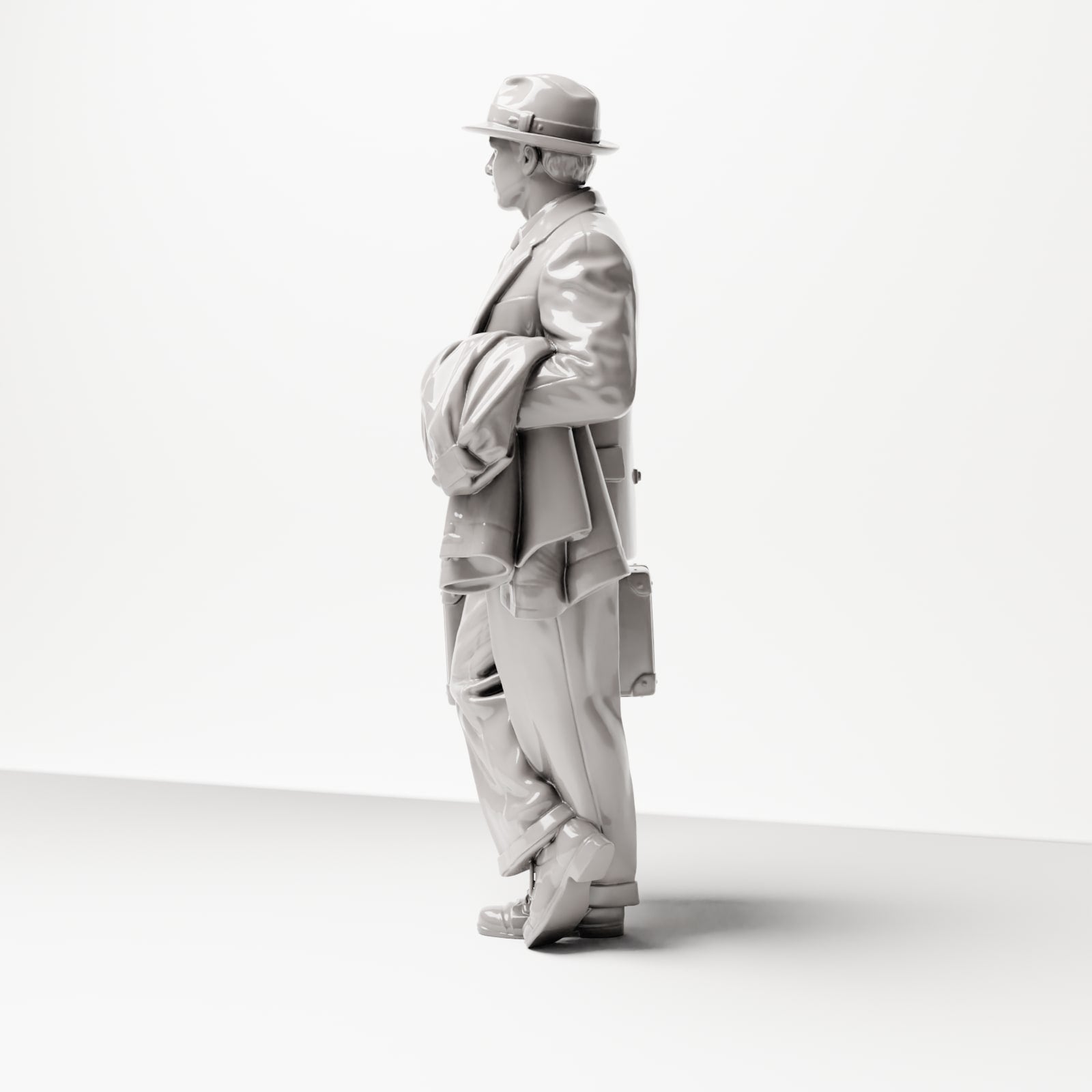Diorama Modellbau Produktfoto 1: Historische Figur: Junger Reisender im Tweed-Anzug mit Hut, Koffer, Mantel über dem Arm (sc03)