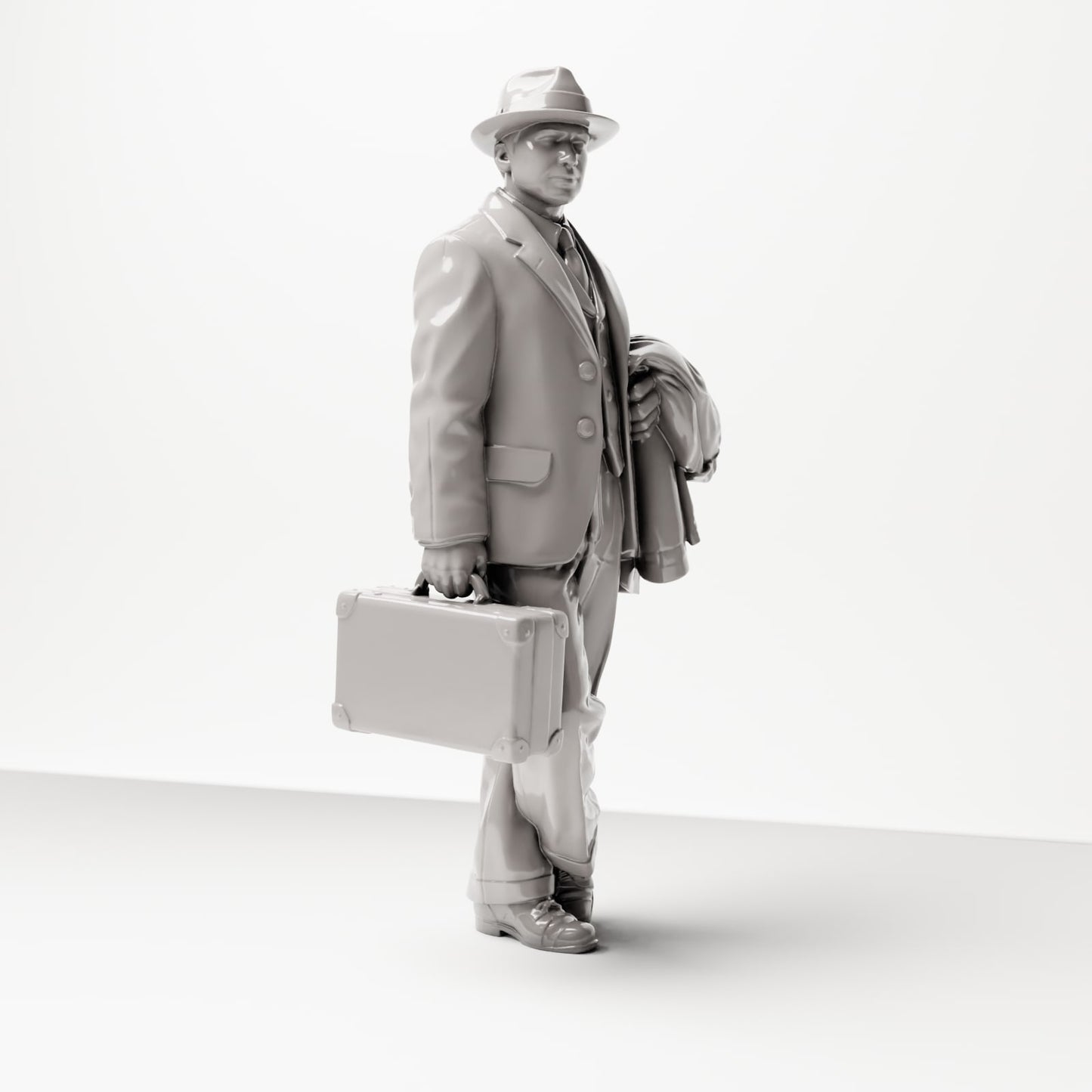 Diorama Modellbau Produktfoto 4: Historische Figur: Junger Reisender im Tweed-Anzug mit Hut, Koffer, Mantel über dem Arm (sc03)