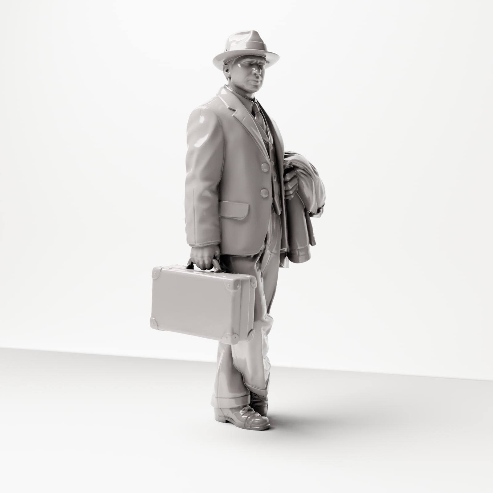 Diorama Modellbau Produktfoto 4: Historische Figur: Junger Reisender im Tweed-Anzug mit Hut, Koffer, Mantel über dem Arm (sc03)