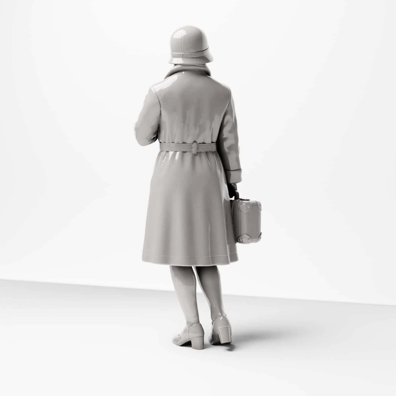 Diorama Modellbau Produktfoto 2: Stehende Figur: Reisende Frau am Bahnsteig, Ende der 1920er, Mantel, Hut, kleiner Koffer (sc04)