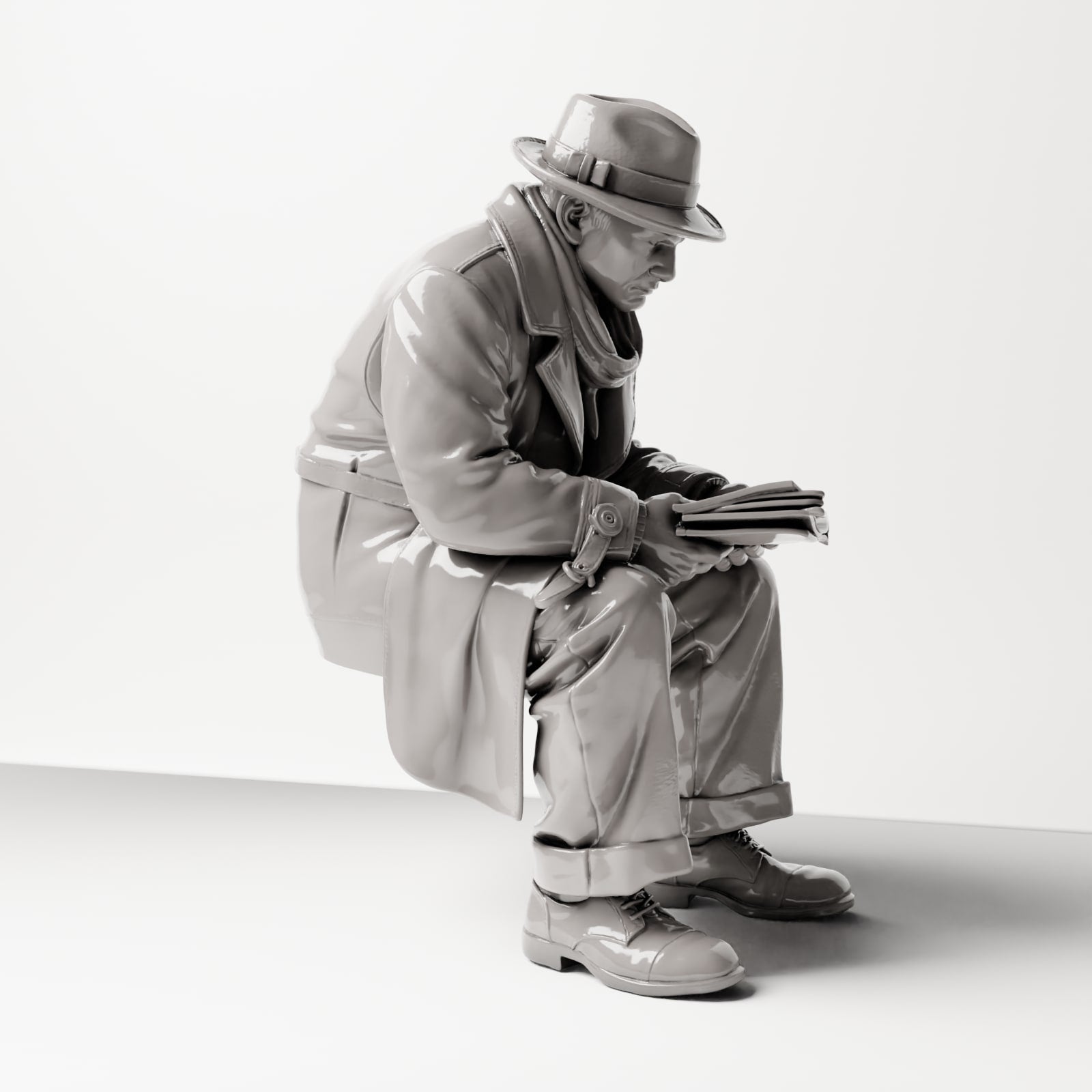 Diorama Modellbau Produktfoto 4: Sitzende Figur: Mann sitzend auf Bankkante, 1920er Reisender mit Zeitung und Umhängetasche (sc07)