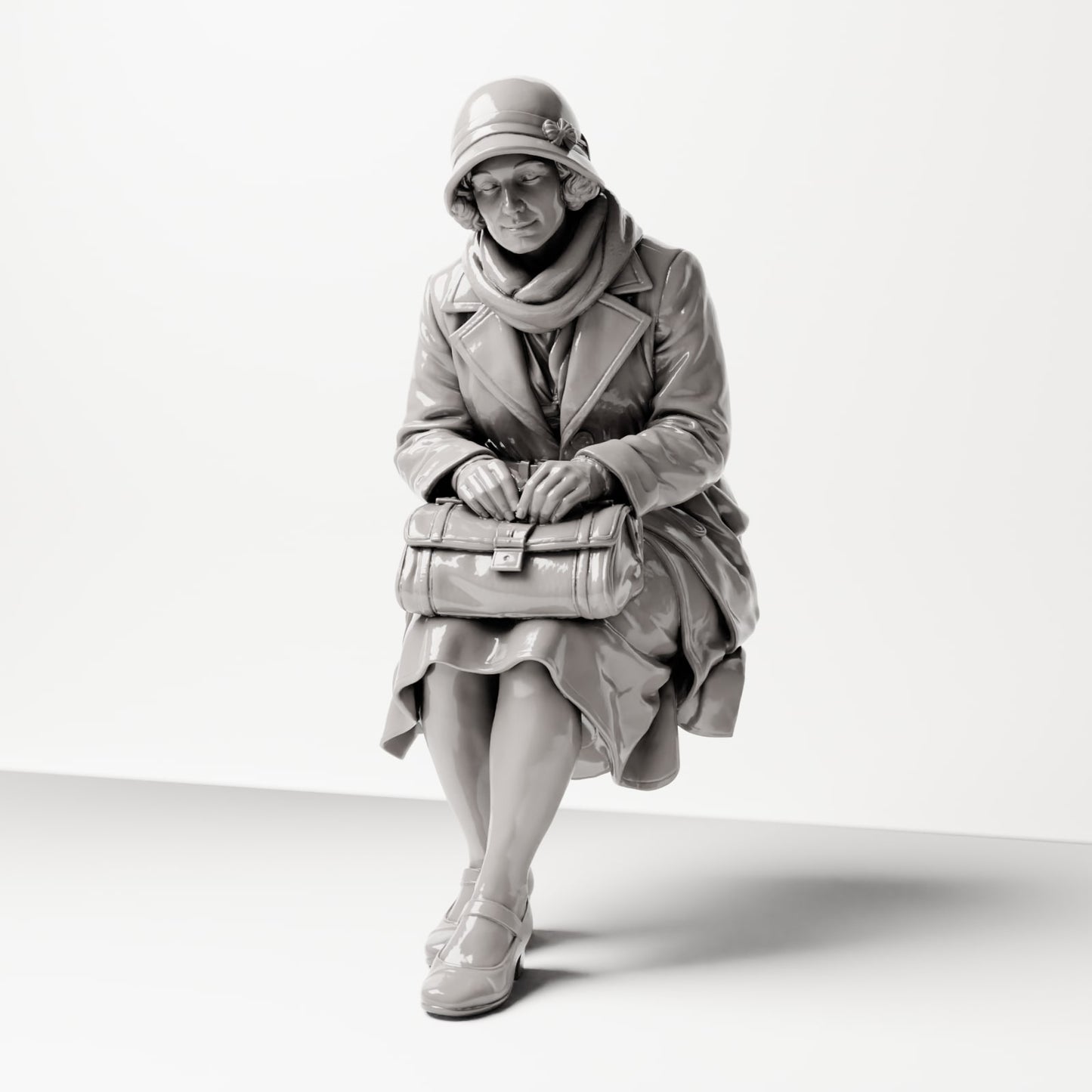 Diorama Modellbau Produktfoto 0: Sitzende Figur: Frau sitzend auf Bankkante mit Handtasche, 1920er-1930er, Wartesaal, Bahnh (sc08)
