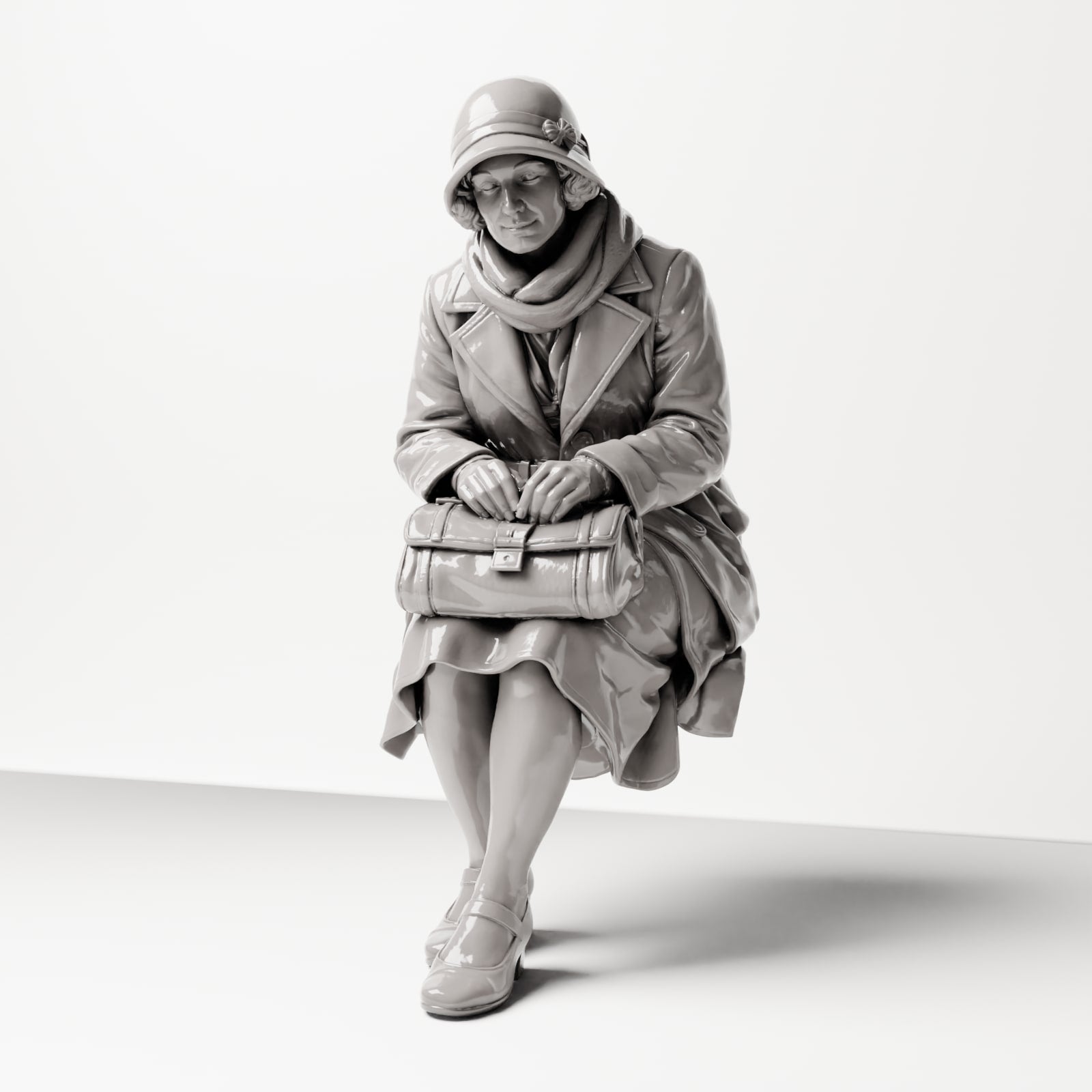 Diorama Modellbau Produktfoto 0: Sitzende Figur: Frau sitzend auf Bankkante mit Handtasche, 1920er-1930er, Wartesaal, Bahnh (sc08)