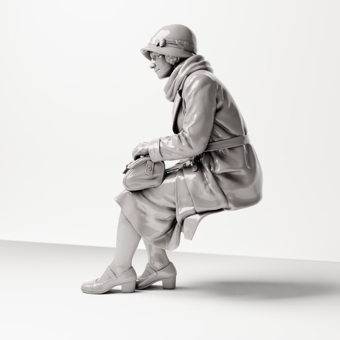 Diorama Modellbau Produktfoto 1: Sitzende Figur: Frau sitzend auf Bankkante mit Handtasche, 1920er-1930er, Wartesaal, Bahnh (sc08)