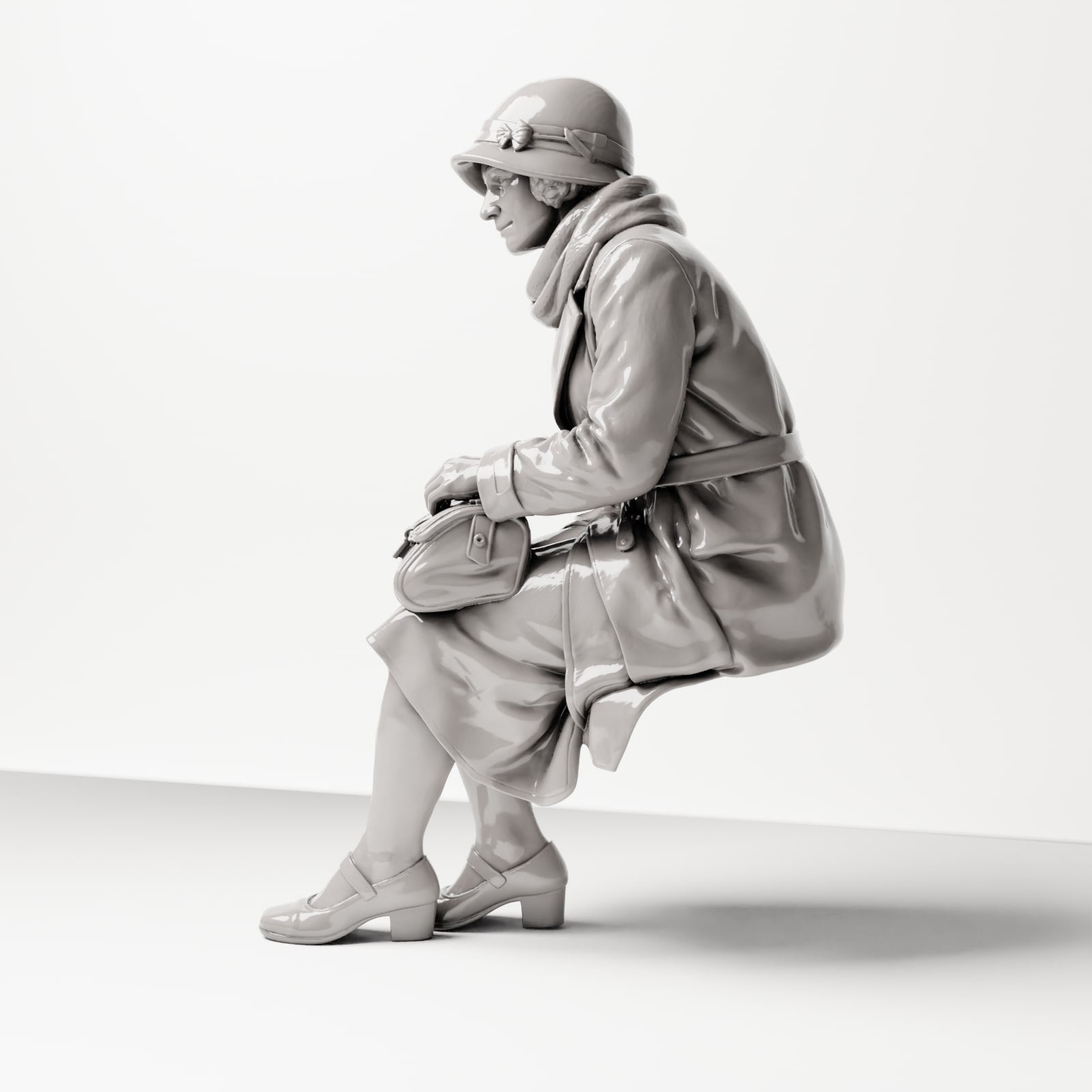 Diorama Modellbau Produktfoto 1: Sitzende Figur: Frau sitzend auf Bankkante mit Handtasche, 1920er-1930er, Wartesaal, Bahnh (sc08)