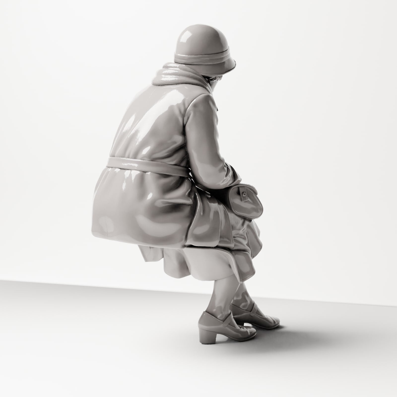 Diorama Modellbau Produktfoto 3: Sitzende Figur: Frau sitzend auf Bankkante mit Handtasche, 1920er-1930er, Wartesaal, Bahnh (sc08)