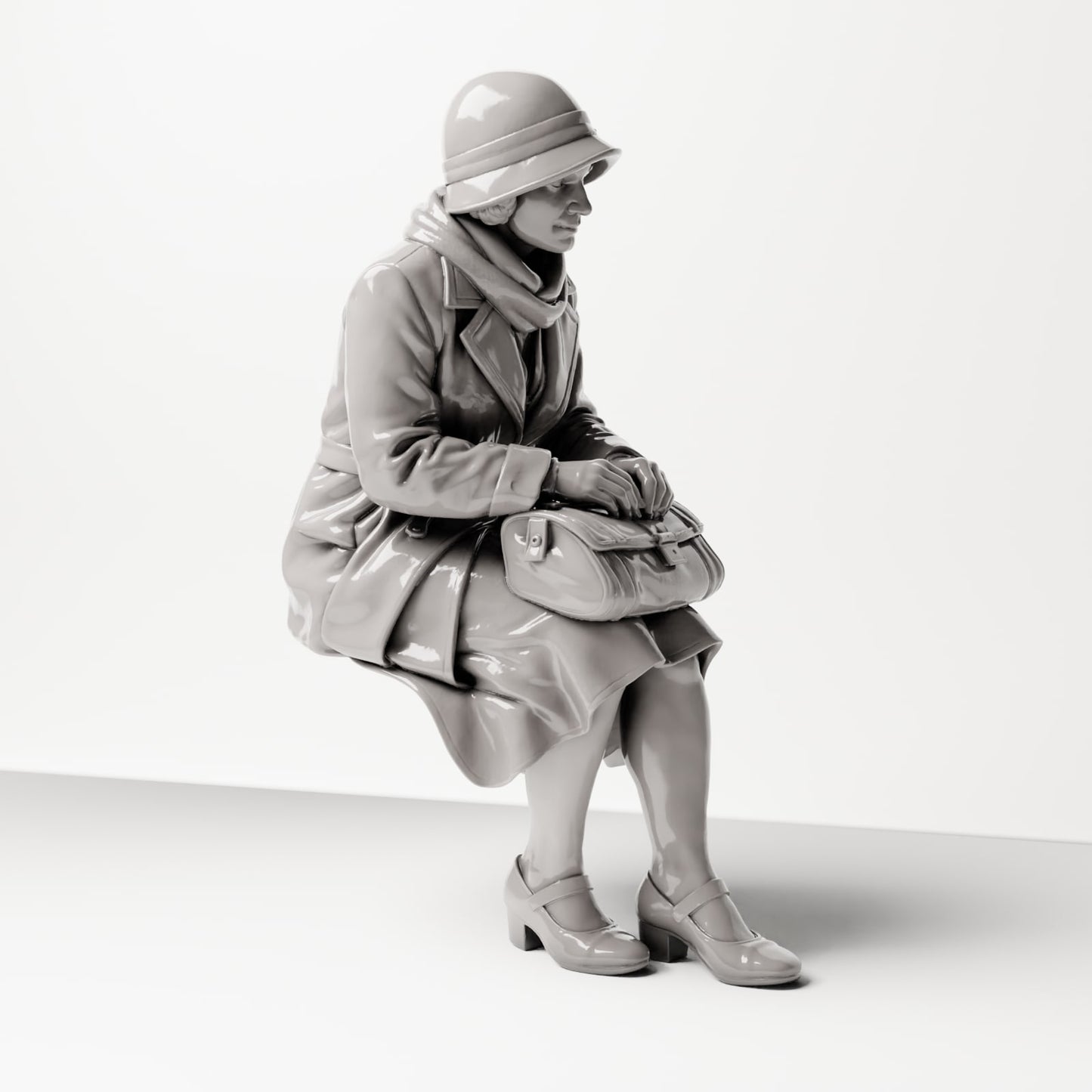 Diorama Modellbau Produktfoto 4: Sitzende Figur: Frau sitzend auf Bankkante mit Handtasche, 1920er-1930er, Wartesaal, Bahnh (sc08)