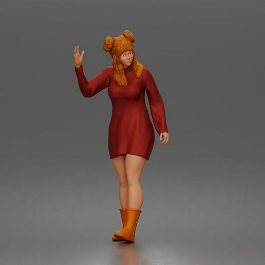 Diorama Modellbau Produktfoto 0: Stehende Figur: Winkende Frau ruft Taxi mit langärmeligem Kleid & Stiefeln (a204)