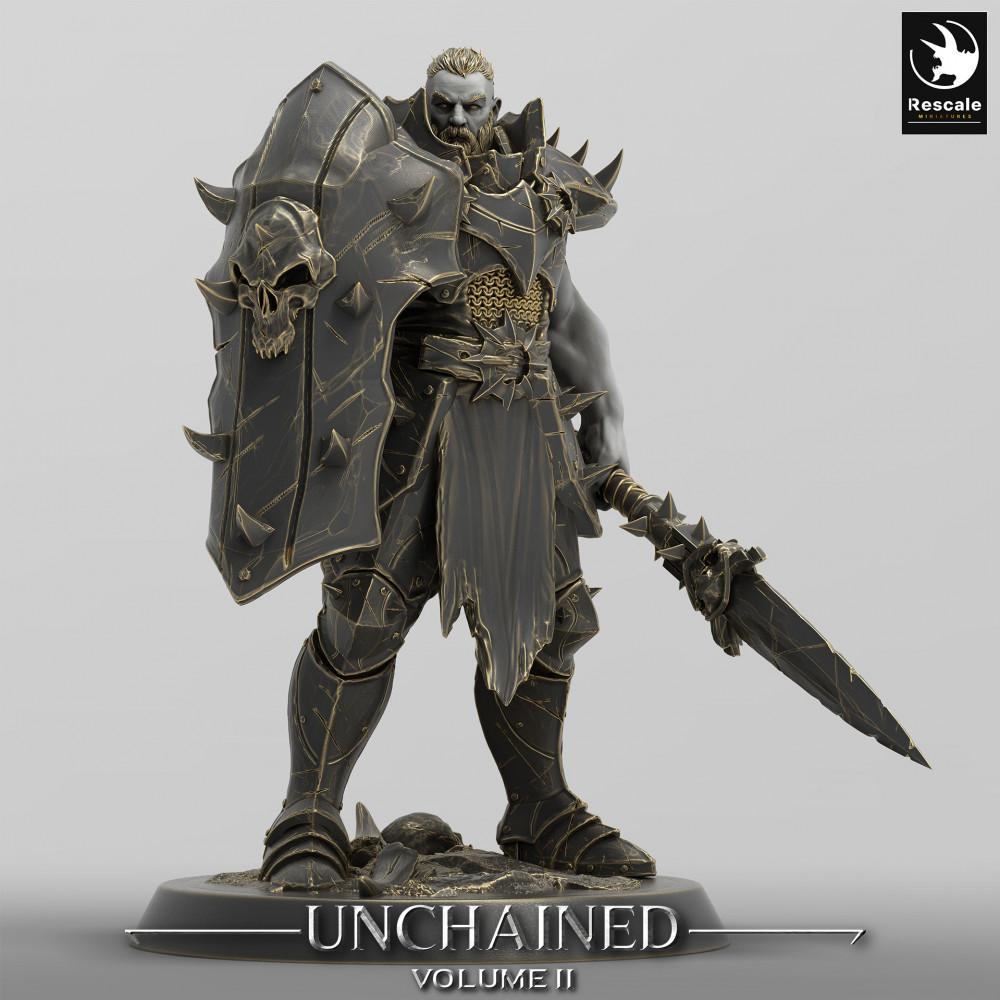 Produktfoto Tabletop 28mm Lord of the Print (LotP) 0: Tabletop Miniatur: Dunkler Ritter / Chaoskrieger - Dark Knight, Schild & Schwert, Plattenrüstung, Stachelschild mit Schädelornament, Bossmodell (24_05_E13)