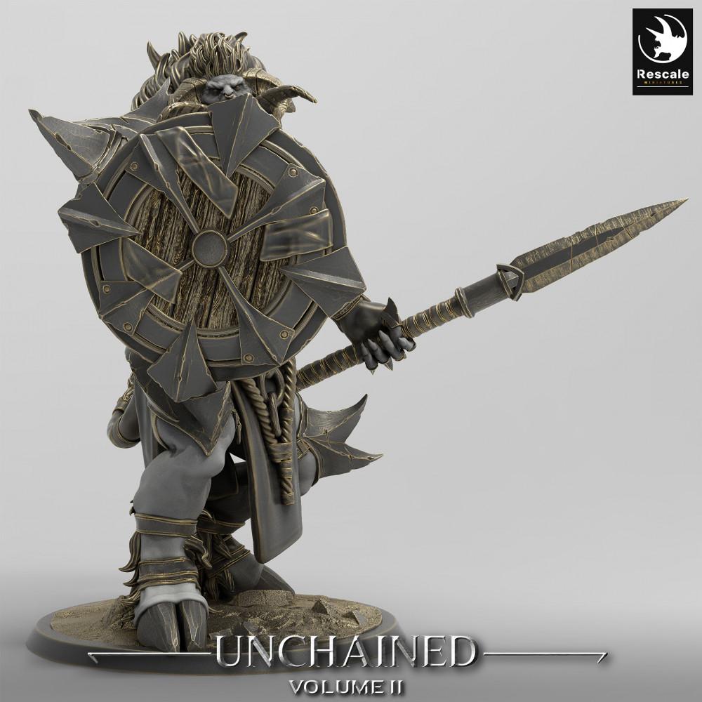 Produktfoto Tabletop 28mm Lord of the Print (LotP) 0: Fantasy Figur: Minotauren-Wächter, Speerträger mit Rundschild, Bestienkrieger - Minotaur Guard (24_05_G2)