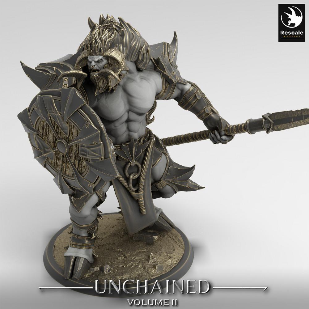 Produktfoto Tabletop 28mm Lord of the Print (LotP) 1: Fantasy Figur: Minotauren-Wächter, Speerträger mit Rundschild, Bestienkrieger - Minotaur Guard (24_05_G2)