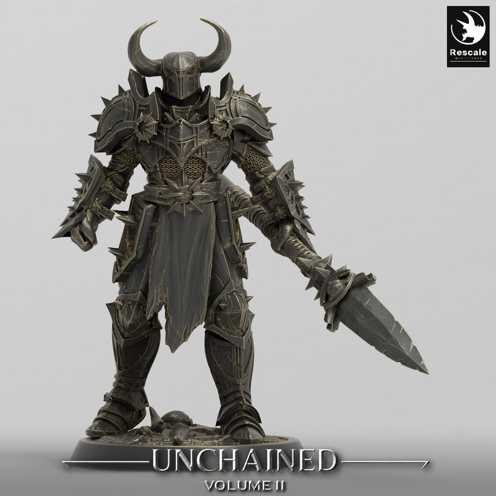 Produktfoto Tabletop 28mm Lord of the Print (LotP) 0: Fantasy Figur: Dunkler Ritter Kommandant / Chaoskrieger - Commander Stance mit Großschwert und Parierbuckler (24_05_F7)