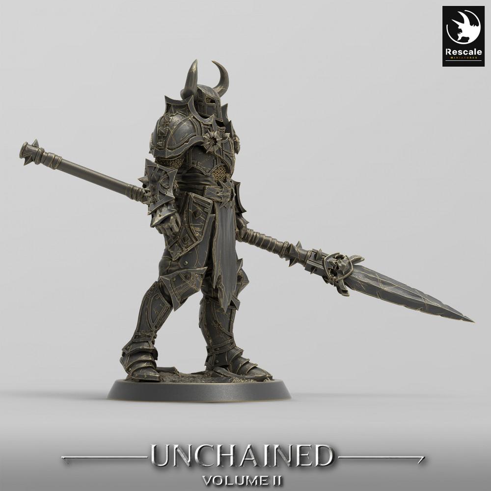 Produktfoto Tabletop 28mm Lord of the Print (LotP) 0: Fantasy Figur: Dunkler Ritter Kommandant / Chaoskrieger - Commander Stance mit Großschwert und Parierbuckler (24_05_F7)