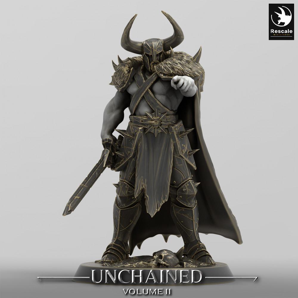 Produktfoto Tabletop 28mm Lord of the Print (LotP) 0: Tabletop Miniatur: Dämonenritter / Dunkler Paladin, Kriegsherr mit Hörnerhelm, Umhang und Großschwert, herausfordernde Pose (24_05_C19)